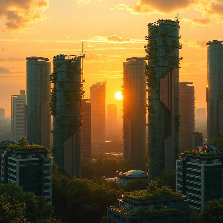 futuristic green city skyline at sunrise, ultra detailed