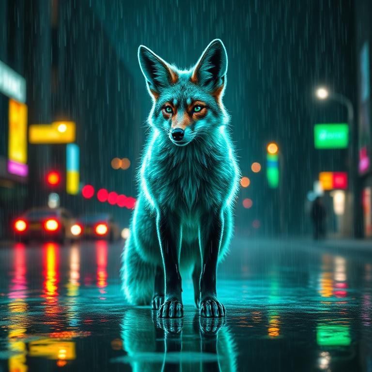 a neon cyberpunk fox in the rain, volumetric lighting