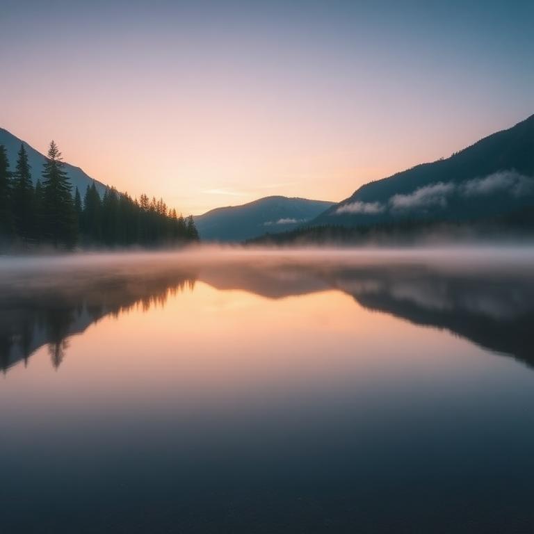 a serene mountain lake at dawn, mist over the water