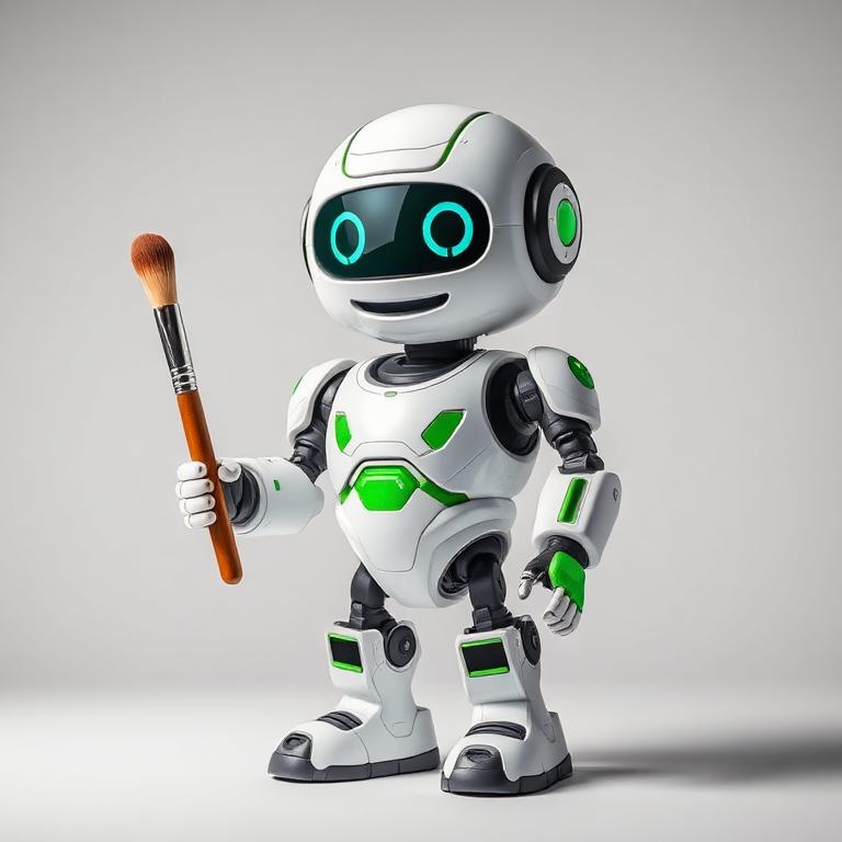 friendly studio-lit robot holding a paintbrush